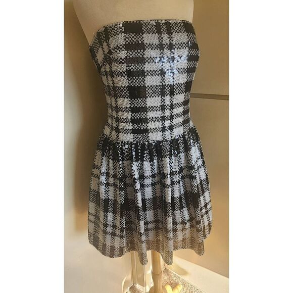 Sho Black and White Plaid Sequin Strapless Knee Length Cocktail Dress, NWT, Sz.1 - Picture 3 of 9